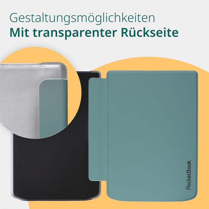 Ein tealfarbener Buchumschlag mit einer transparenten Rückseite und einem schwarzen Einband.