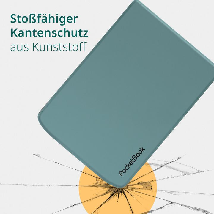 Blauer E-Reader mit stoßfestem Kantenschutz aus Kunststoff auf zerbrochenem Glas.
