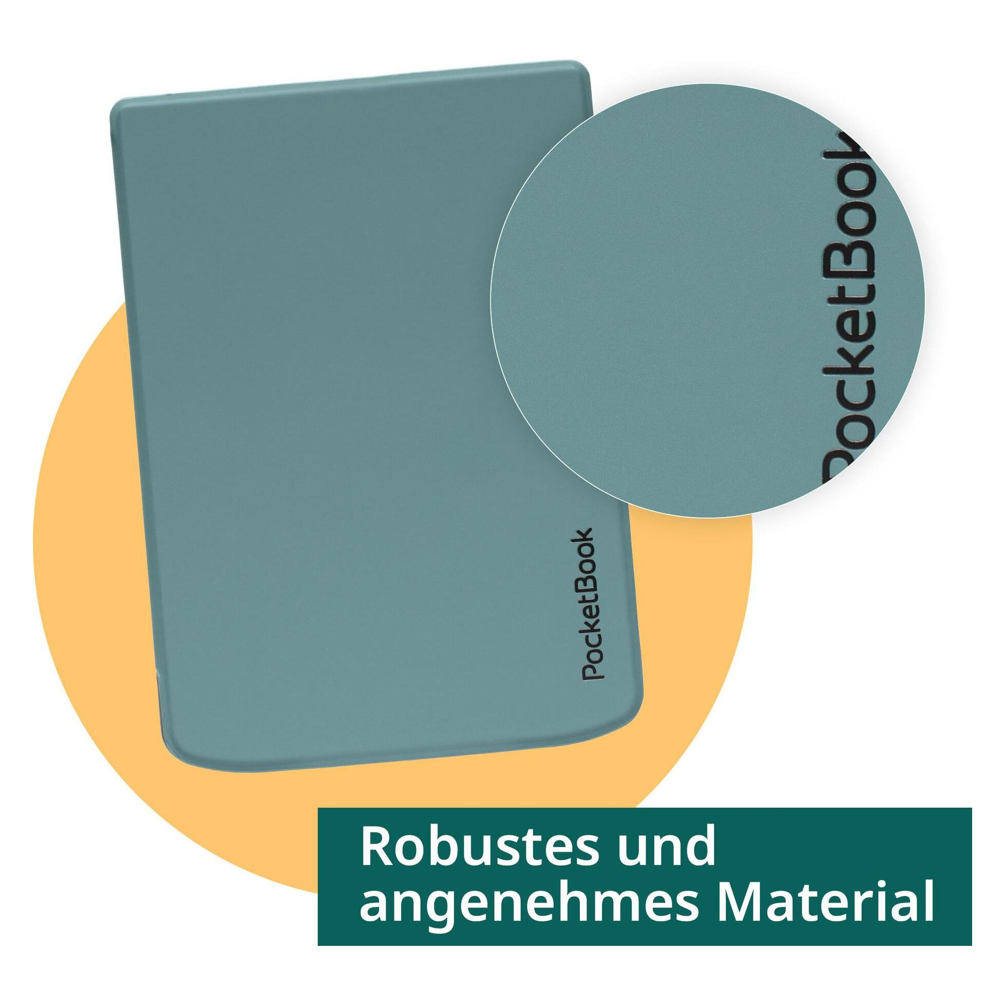 Eine tealfarbene PocketBook E-Reader Hülle mit strukturierter Oberfläche und Logo.