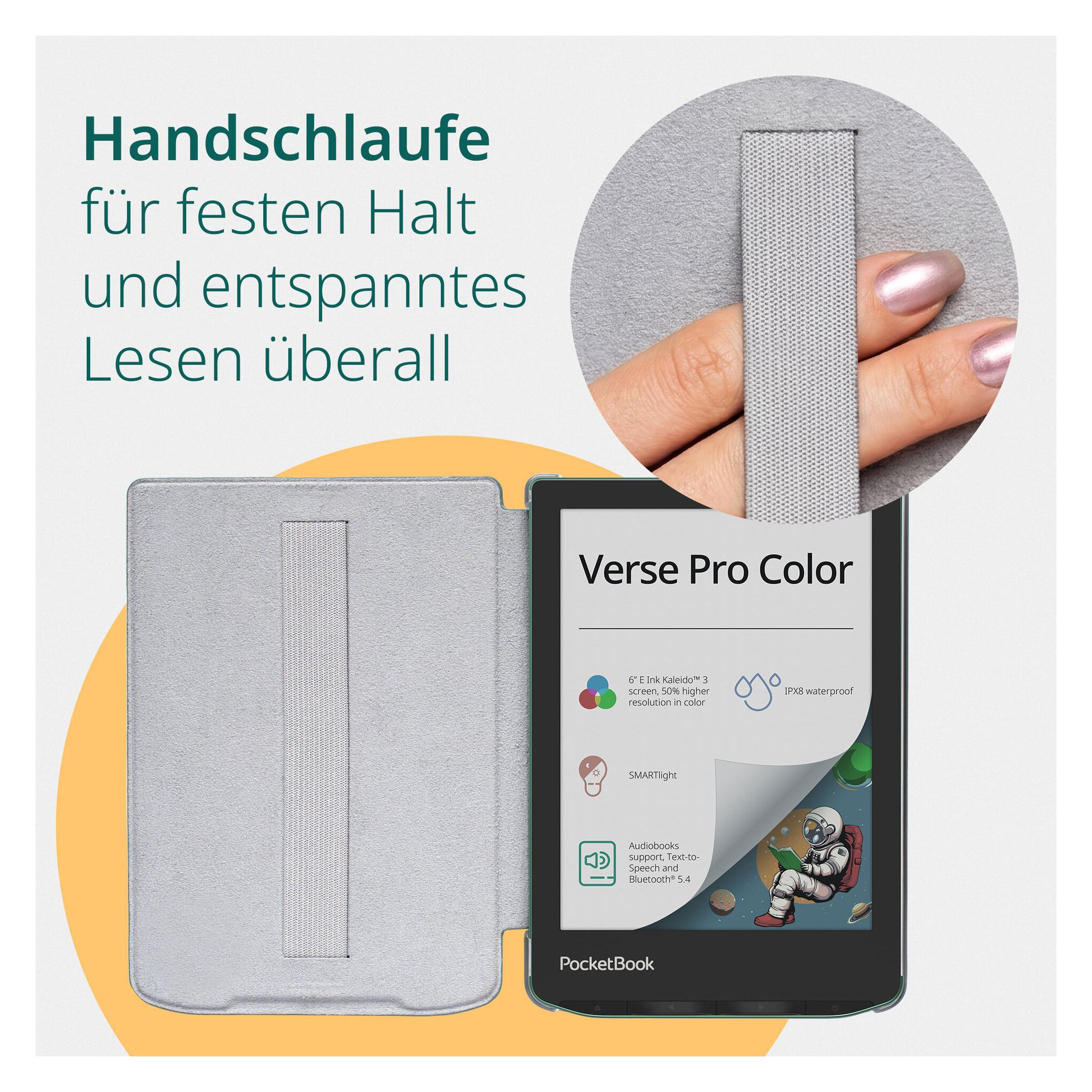Grauer E-Reader mit Hülle, einer Hand und Astronauten-Illustration.