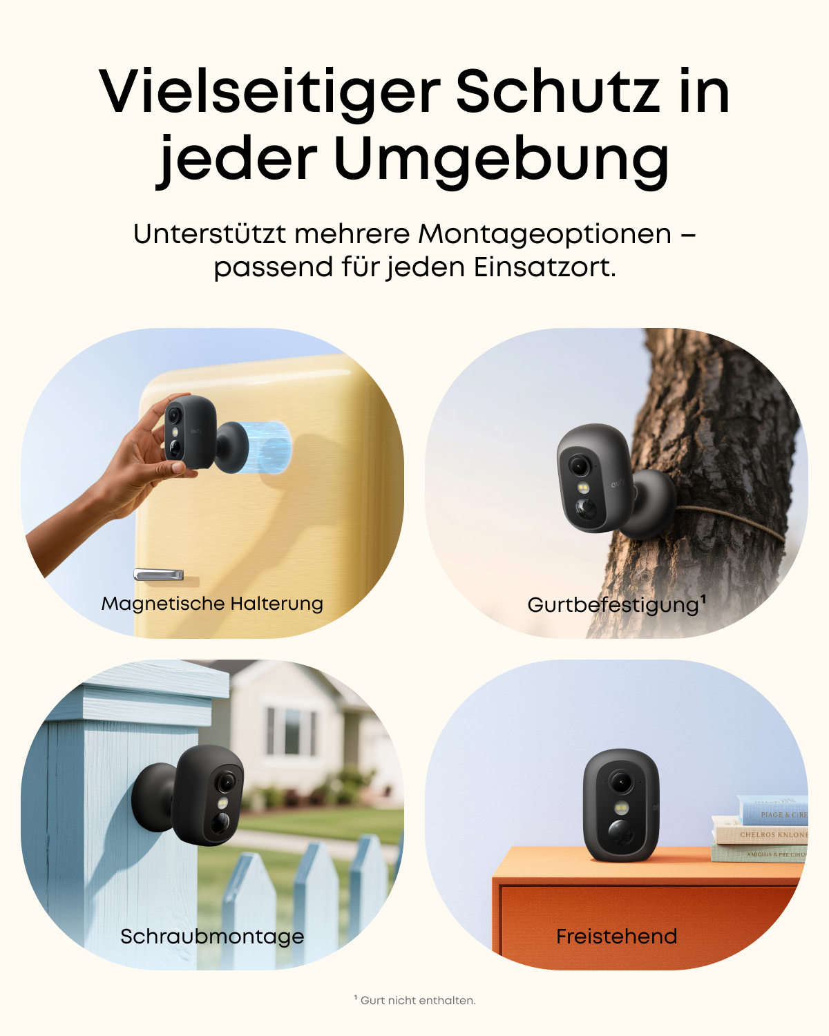 Vier Montageoptionen für eine Sicherheitskamera: magnetisch, Gurt, Schraube, freistehend.