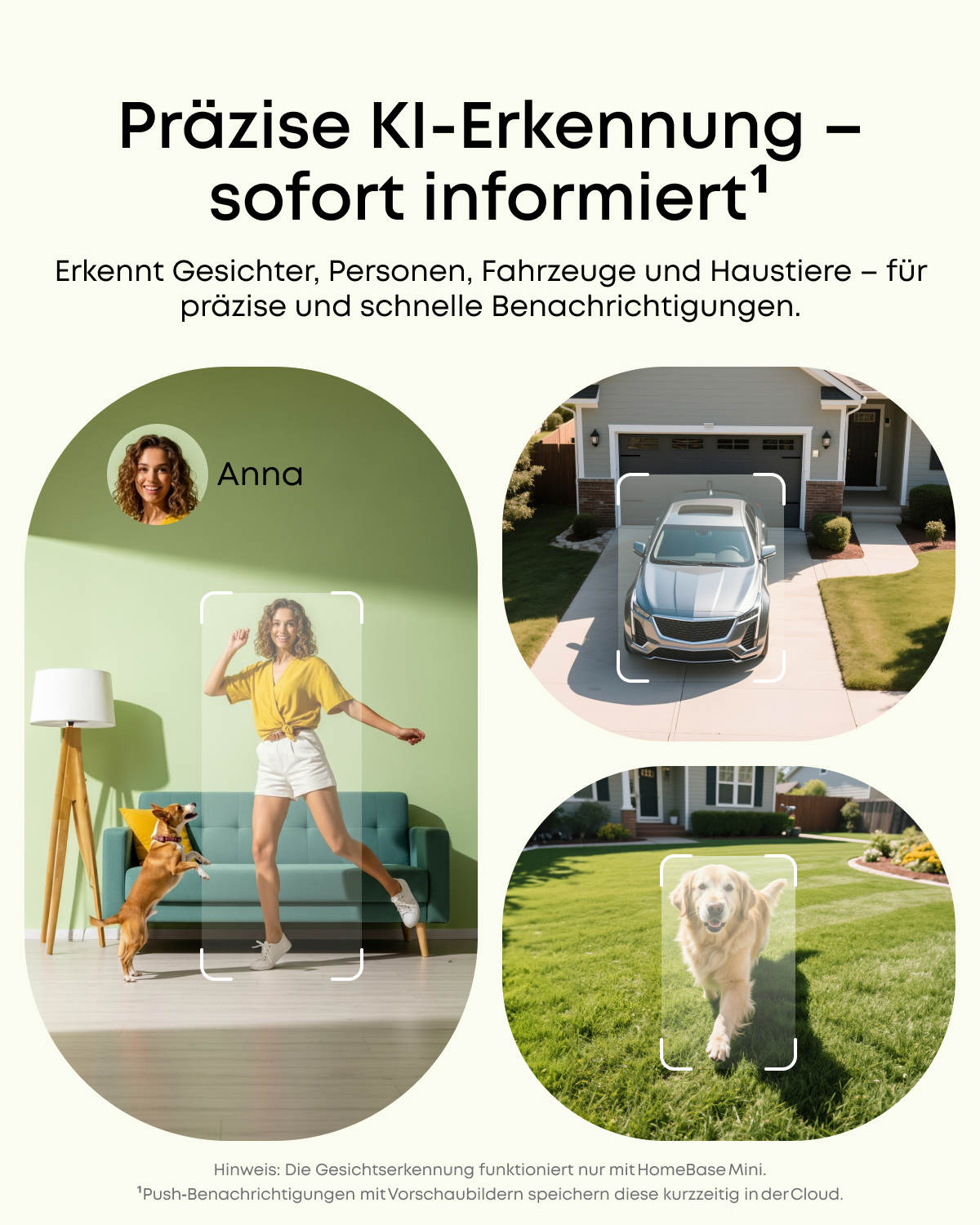 KI-Erkennung: Frau mit Hund, Auto, Hund im Garten, Haus.