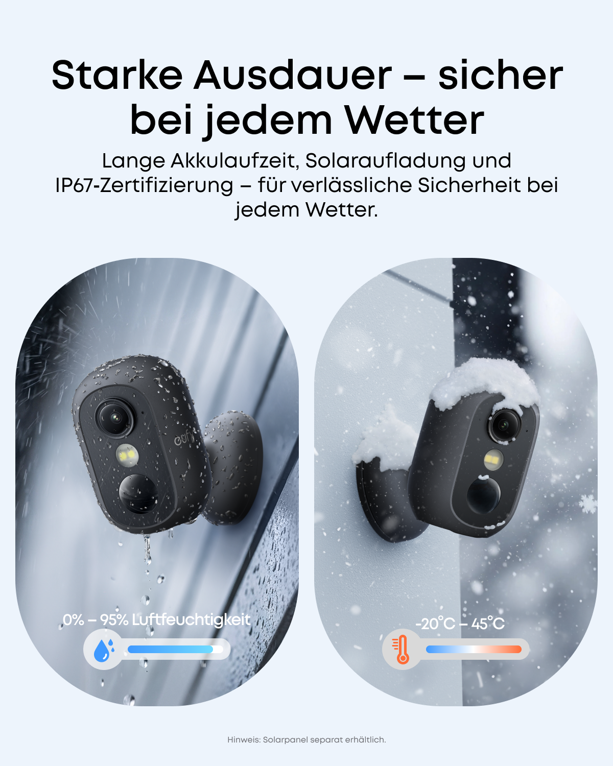 Überwachungskameras bei Regen und Schnee, die ihre Wetterbeständigkeit zeigen.