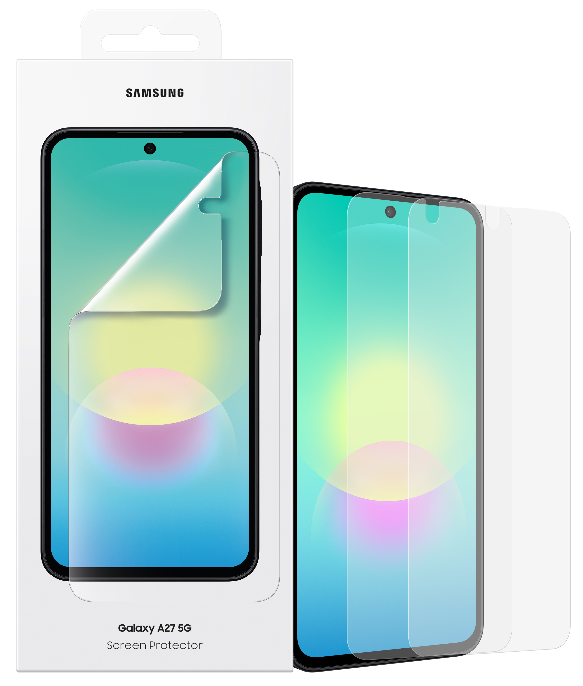 Samsung Galaxy A27 5G kijelzővédő fólia csomagolásban és további két fólia.