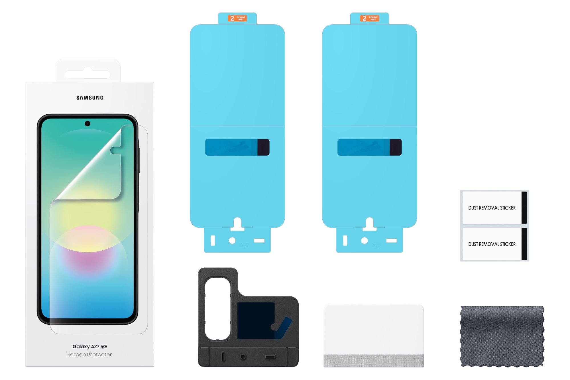 Samsung Galaxy A27 5G képernyővédő készlet tartozékokkal.