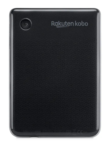 Tył czarnego czytnika Rakuten Kobo z obiektywem aparatu i logo.