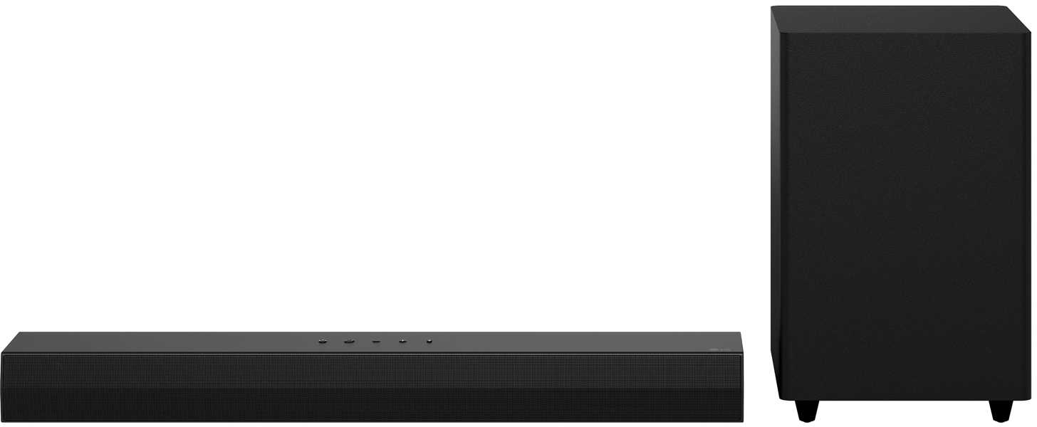 Fekete soundbar és subwoofer egymás mellett fehér háttéren.