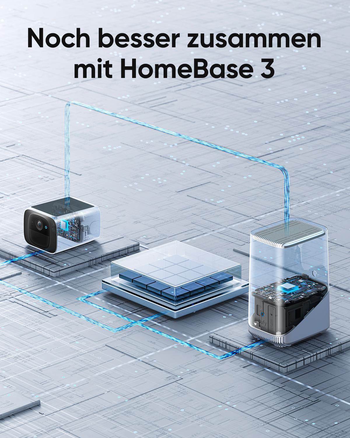 Ein Kamerasystem mit einer Zentraleinheit und einer Kamera auf einem digitalen Hintergrund.