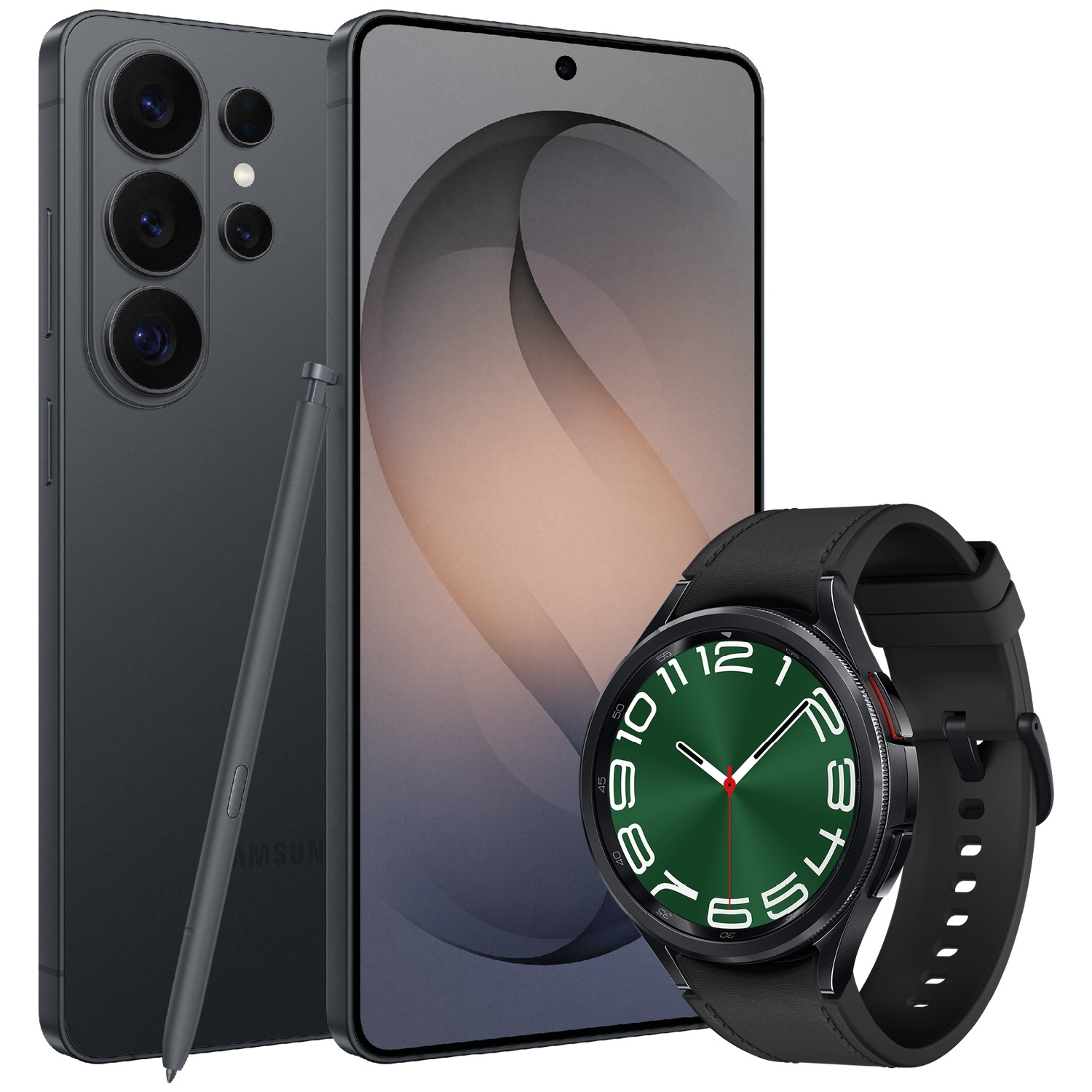 Dark gray smartphone with stylus, next to it a smartwatch with a green dial.