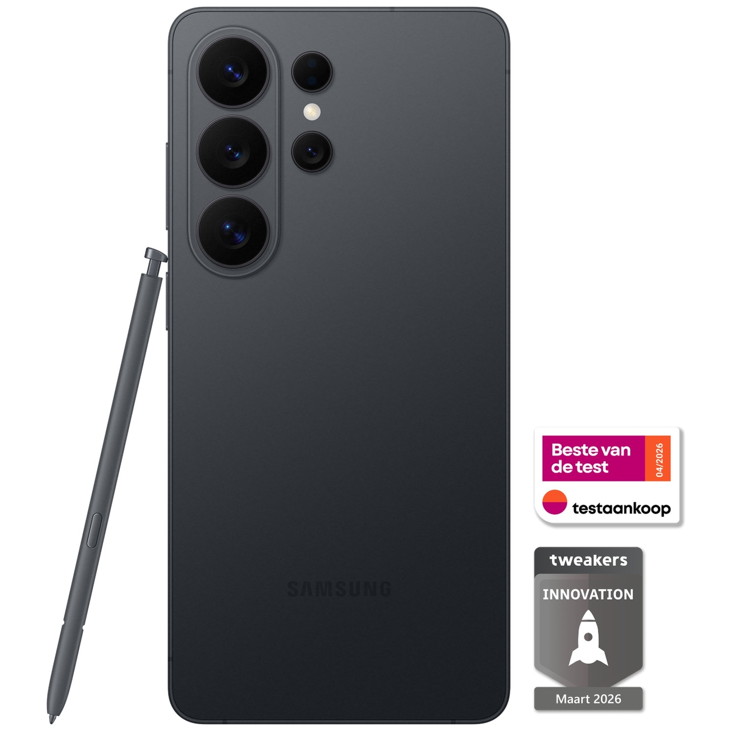 Dark gray Samsung smartphone with stylus and rear camera array.