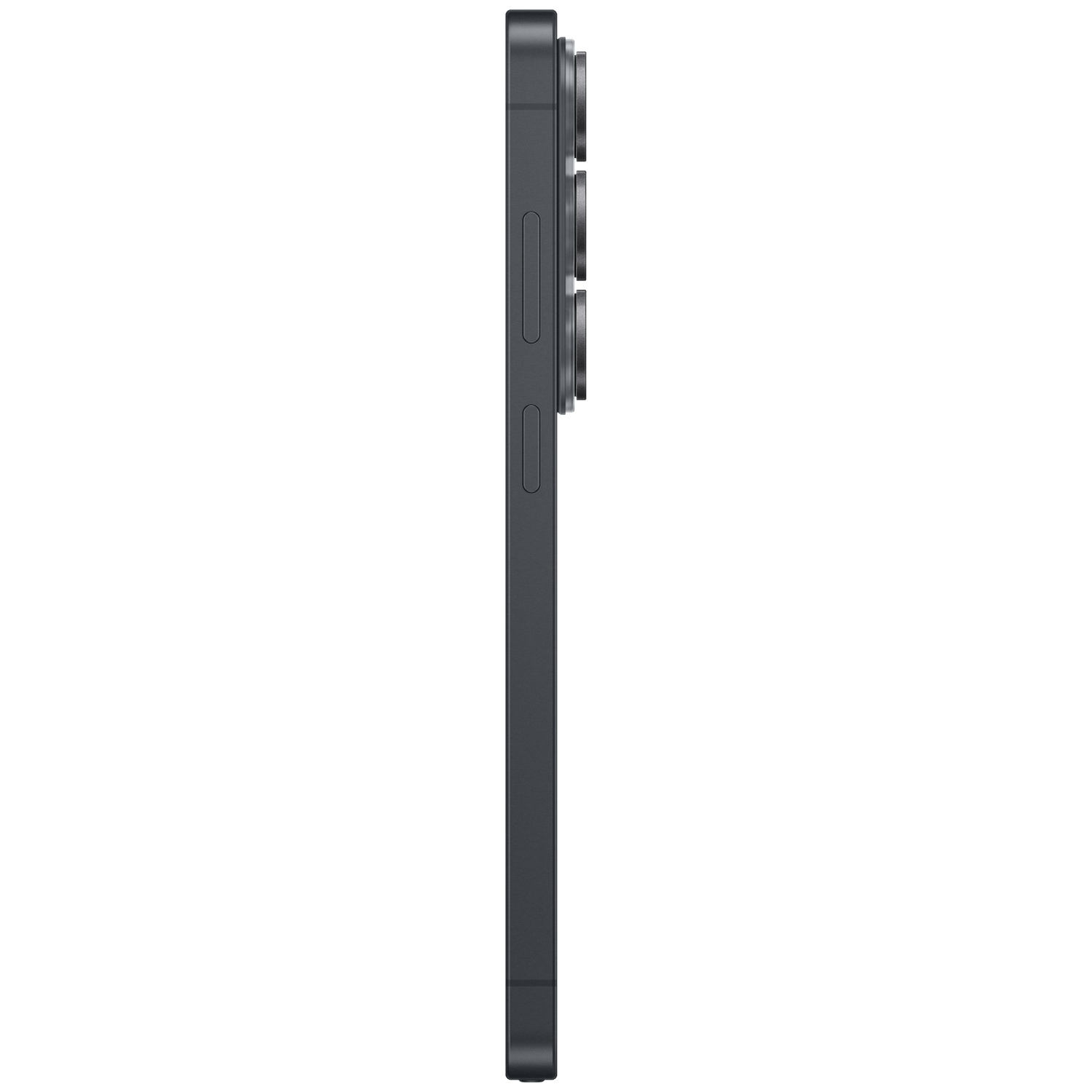 Dark gray smartphone from the side with three camera lenses and buttons.