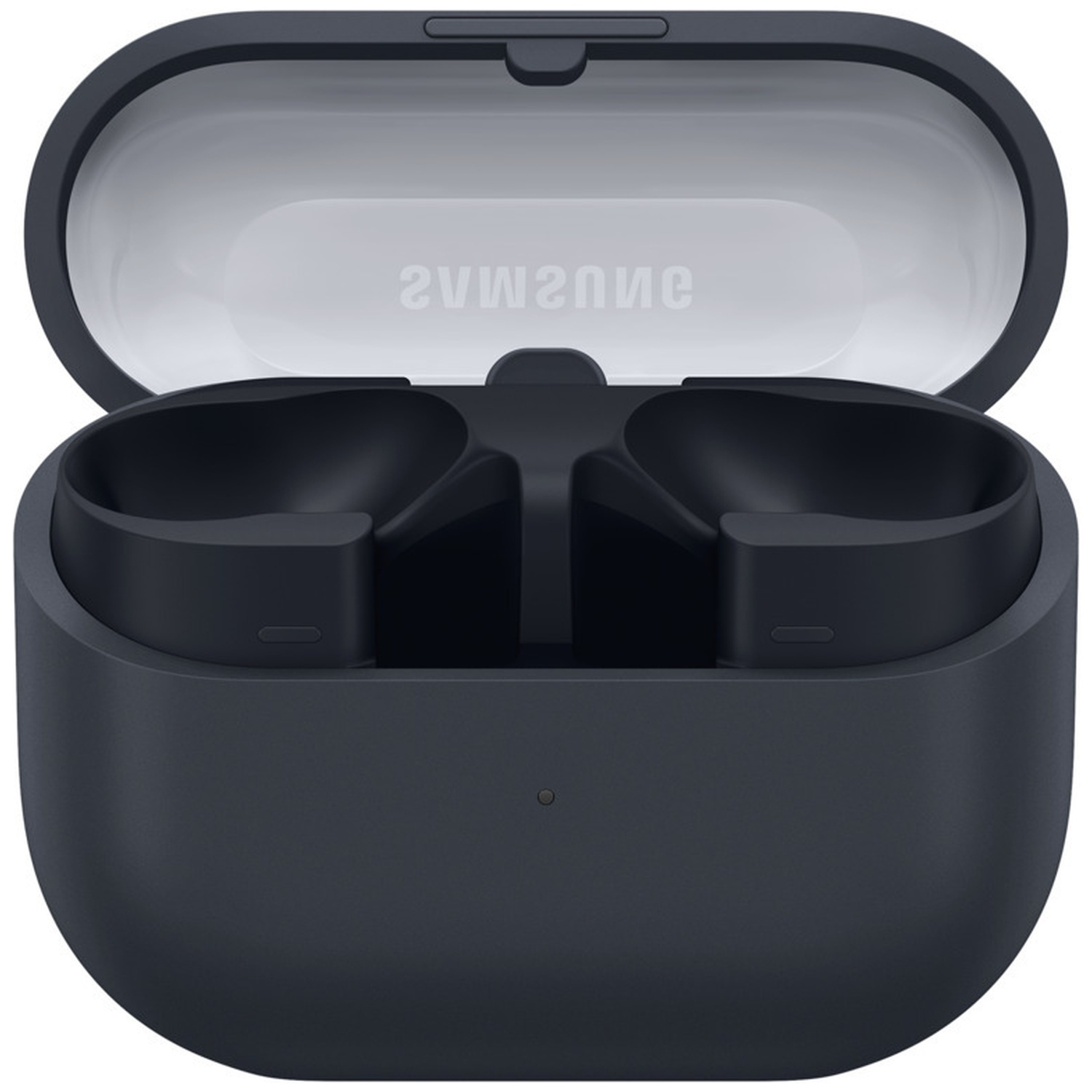 An open, dark charging case for wireless earbuds with a Samsung logo inside.