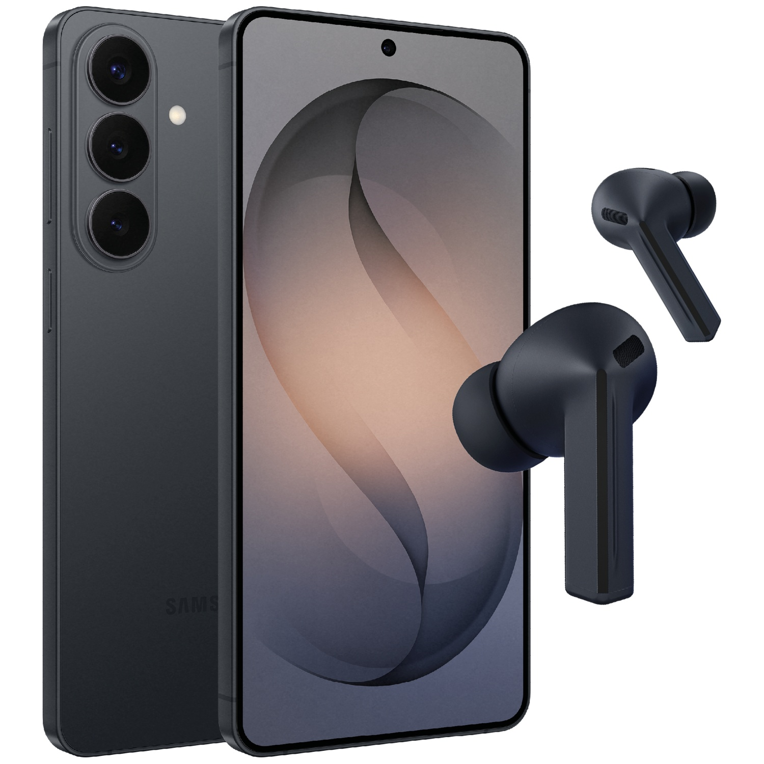 Dark gray smartphone with three cameras next to two wireless earbuds.