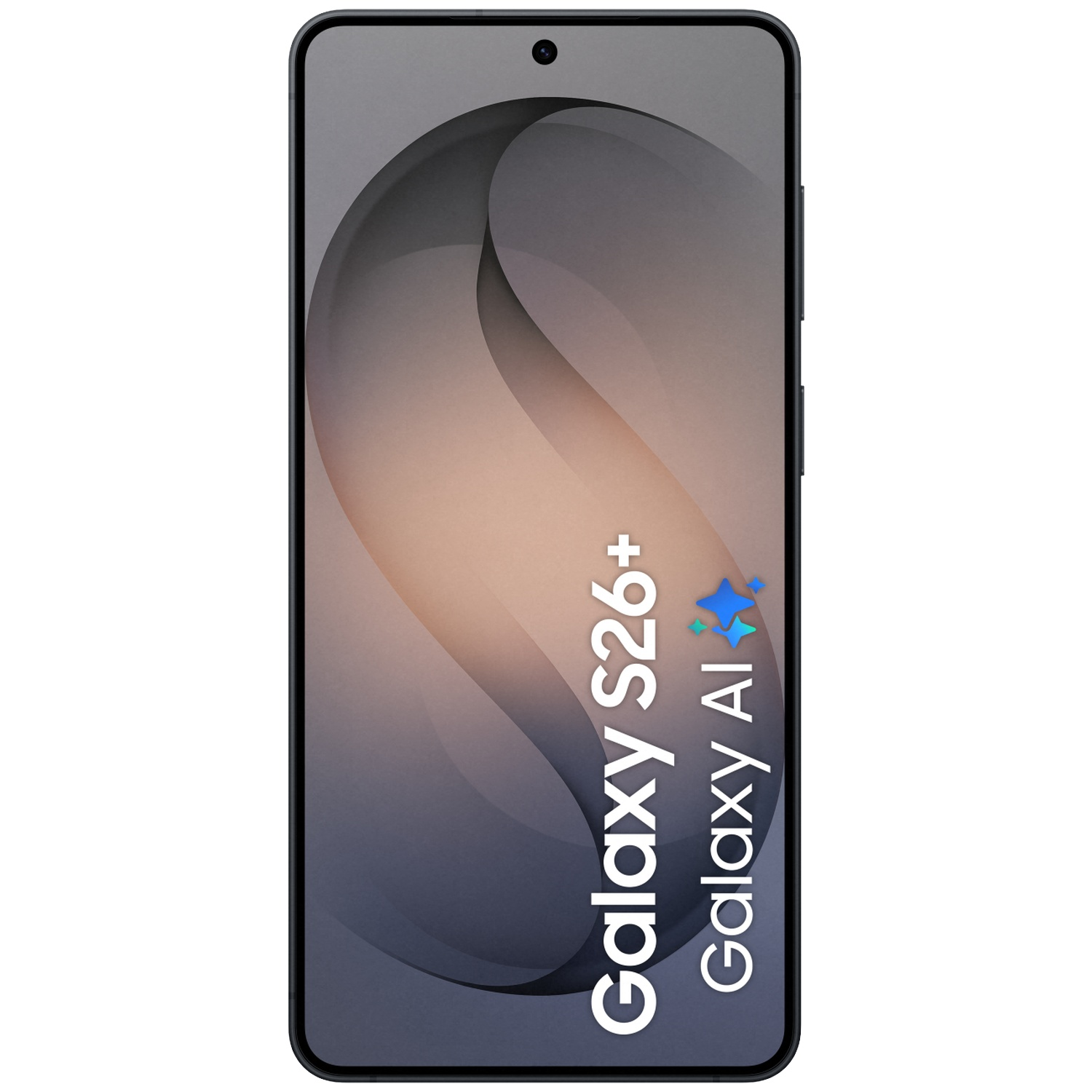 Dark smartphone displaying 'Galaxy S26+' and 'Galaxy AI' text on screen.