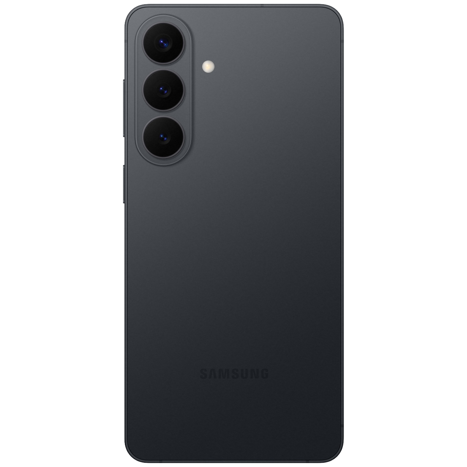 Back of a dark Samsung smartphone featuring three camera lenses and a flash.