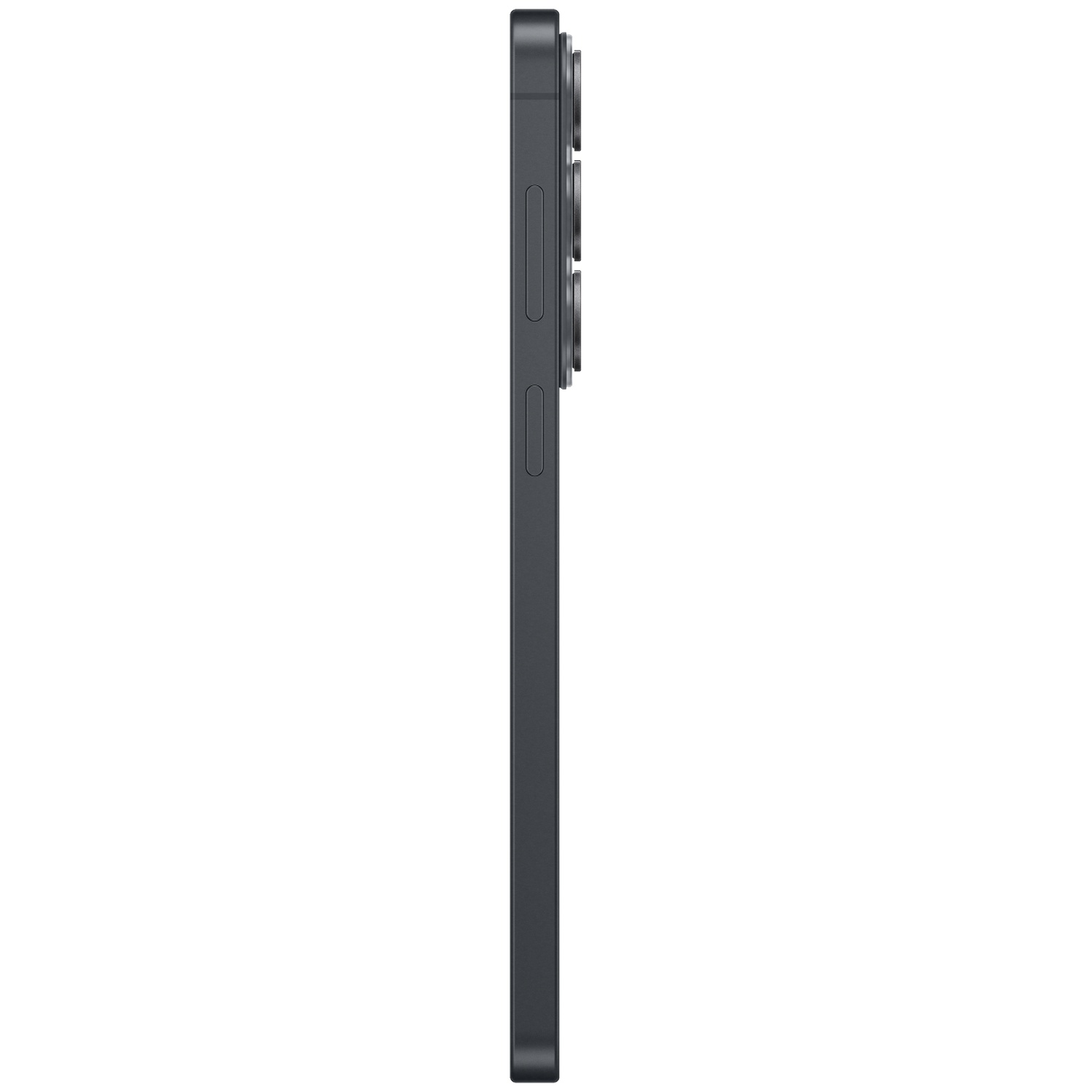 Dark gray smartphone shown in profile with three cameras.