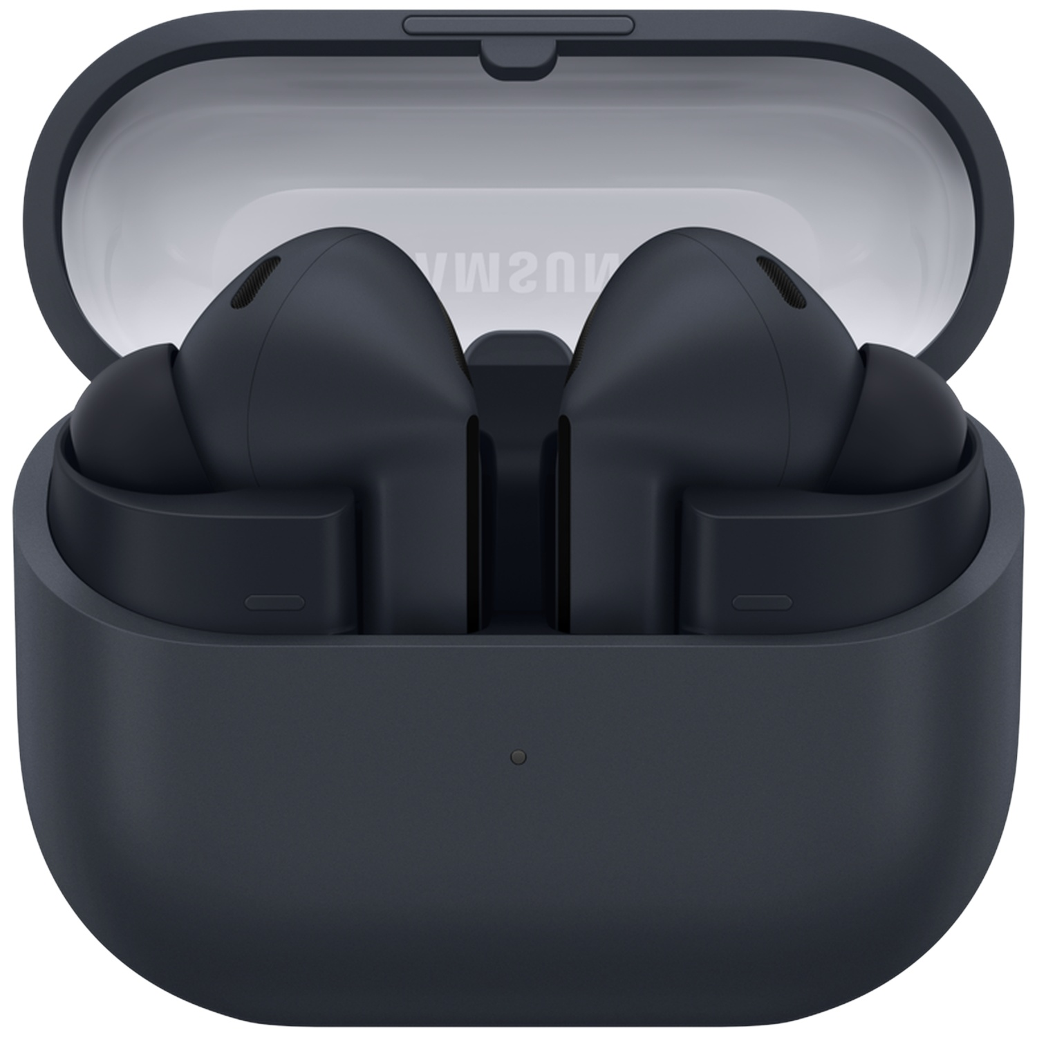 Dark gray wireless earbuds in an open charging case. The earbuds have mesh speaker grills.