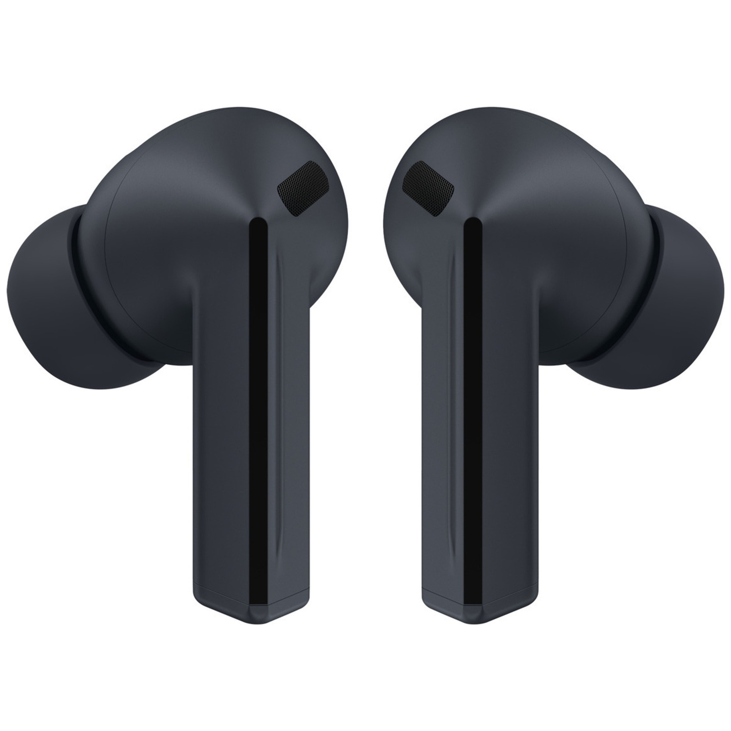 Two dark gray wireless earbuds with black mesh details side by side.