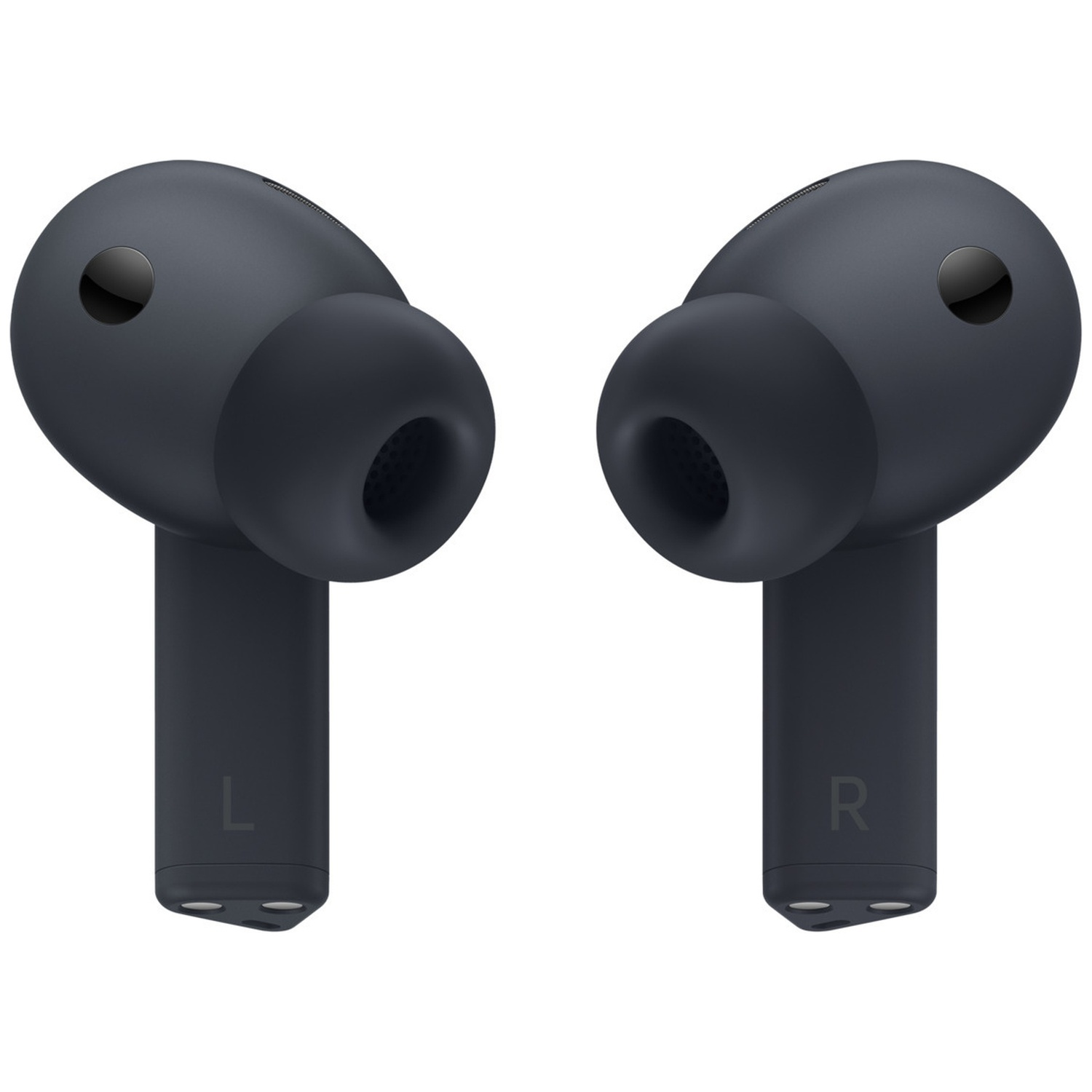 Two dark wireless earbuds with white accents on a white background.