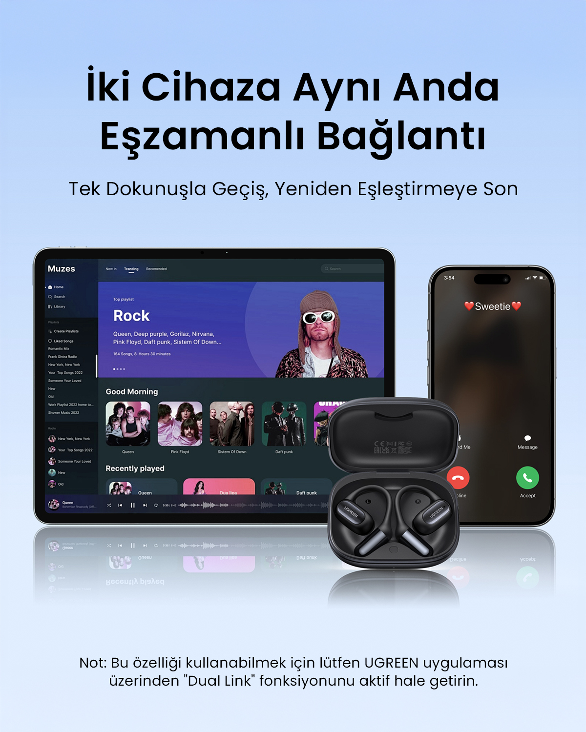 Tablet ve akıllı telefon müzik uygulamalarını gösteriyor. Altında kablosuz kulaklıklar var.