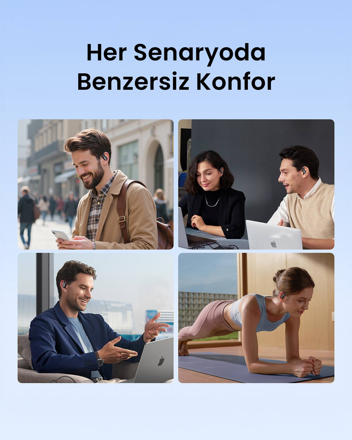 Dört sahne: Telefonlu adam, laptoplu çift, laptoplu adam, plank pozisyonunda kadın.