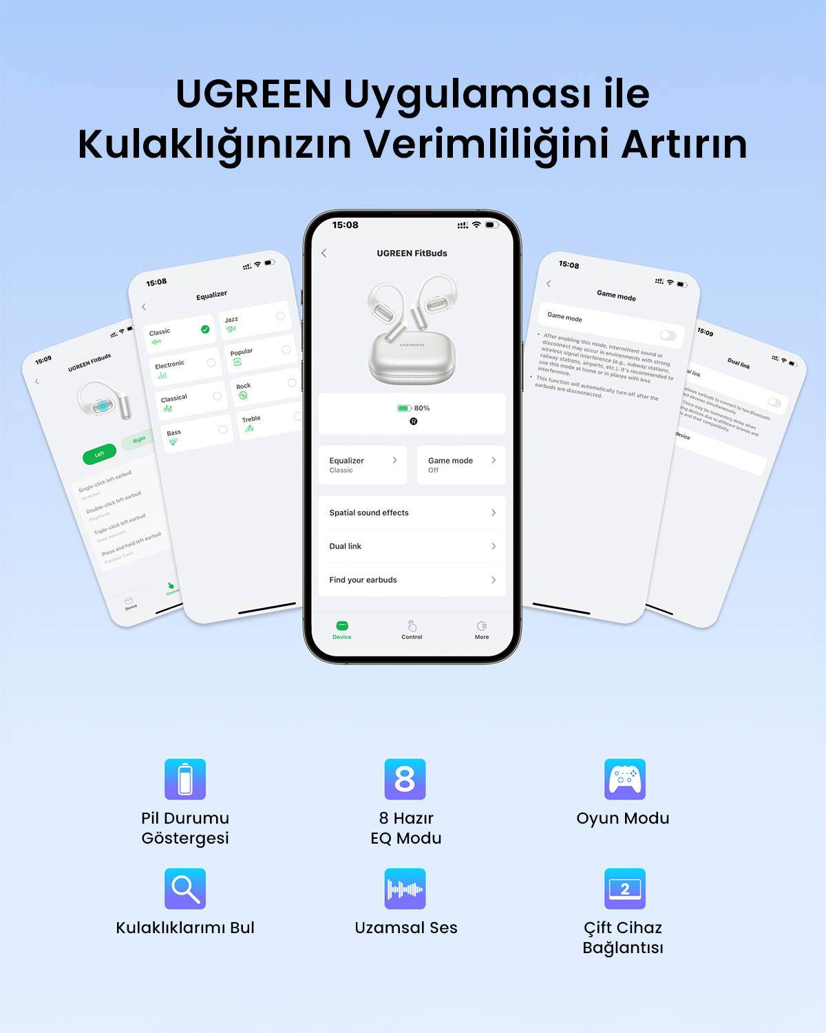 Üç telefon ekranı UGREEN FitBuds uygulama ayarlarını gösteriyor: Ekolayzır, Oyun modu, Çift bağlantı.