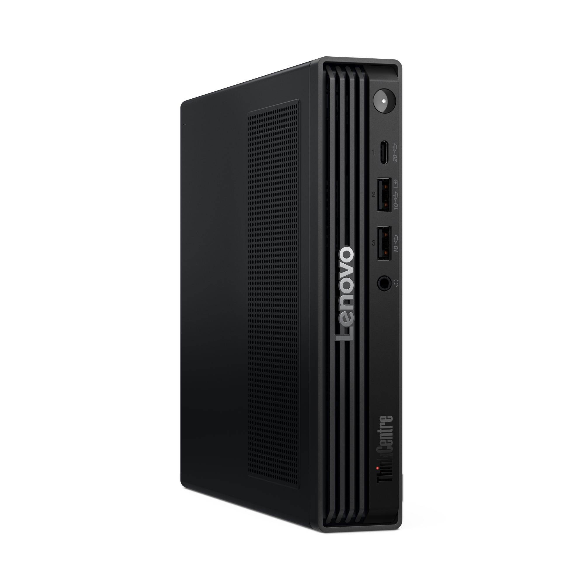 Schwarzer Lenovo ThinkCentre Mini-PC mit Anschlüssen an der Vorderseite.
