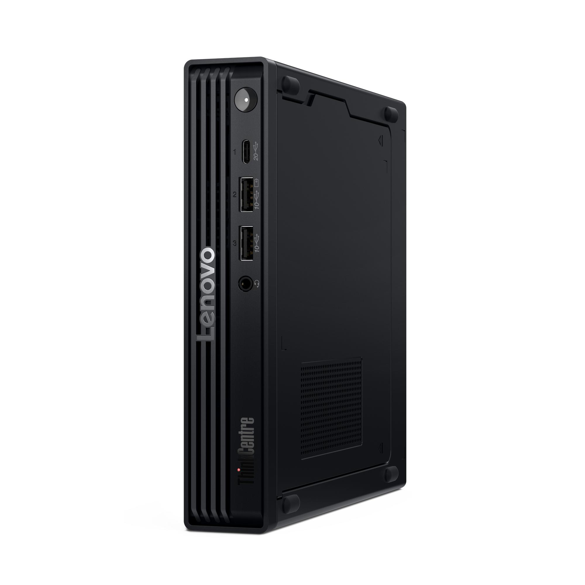 Schwarzer Lenovo ThinkCentre PC mit Anschlüssen und Lüftungsschlitzen.