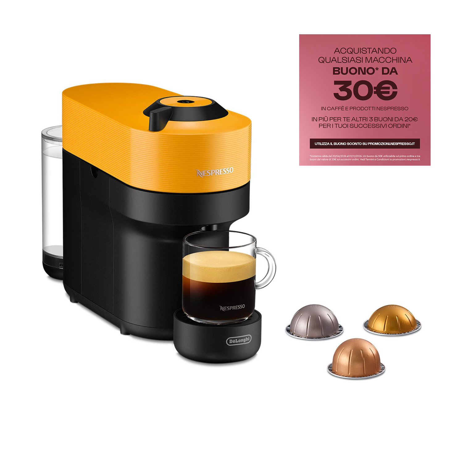 Una macchina da caffè Nespresso gialla con tazza di caffè e tre capsule.