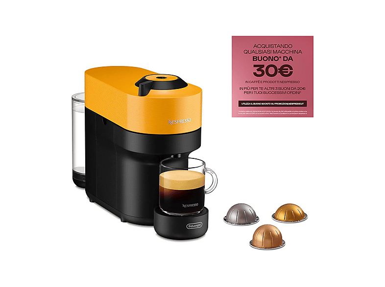 MACCHINA CAFFÈ CAPSULE DE'LONGHI Vertuo Pop ENV90.Y, Compatibile con Capsule Nespresso, Potenza 1260 W, Serbatoio acqua 0,56 l, Giallo