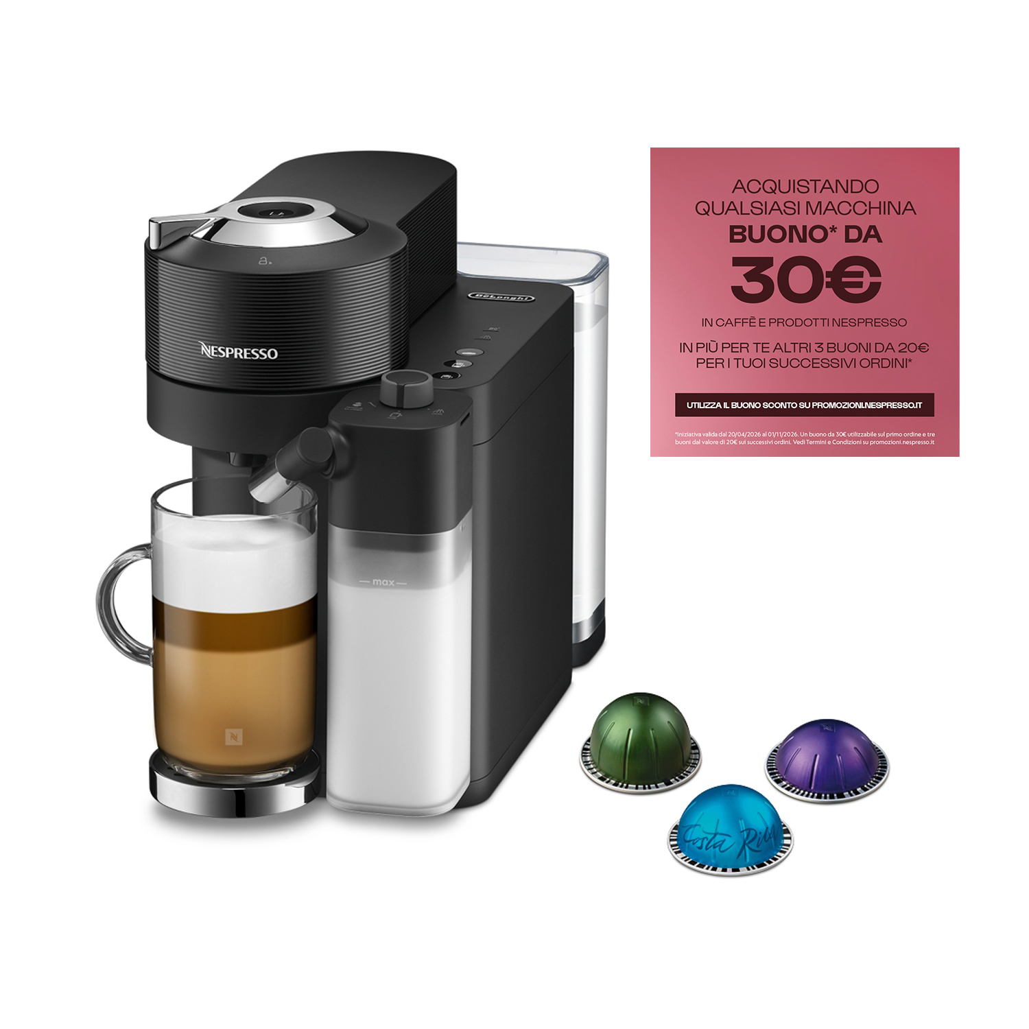 Macchina da caffè Nespresso nera con bicchiere di caffè e tre capsule di caffè vicine.