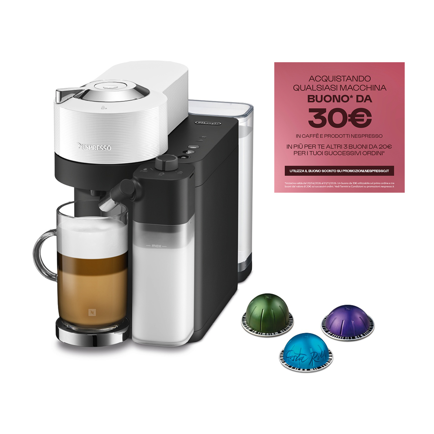 Macchina da caffè Nespresso con caraffa latte, bicchiere e capsule.