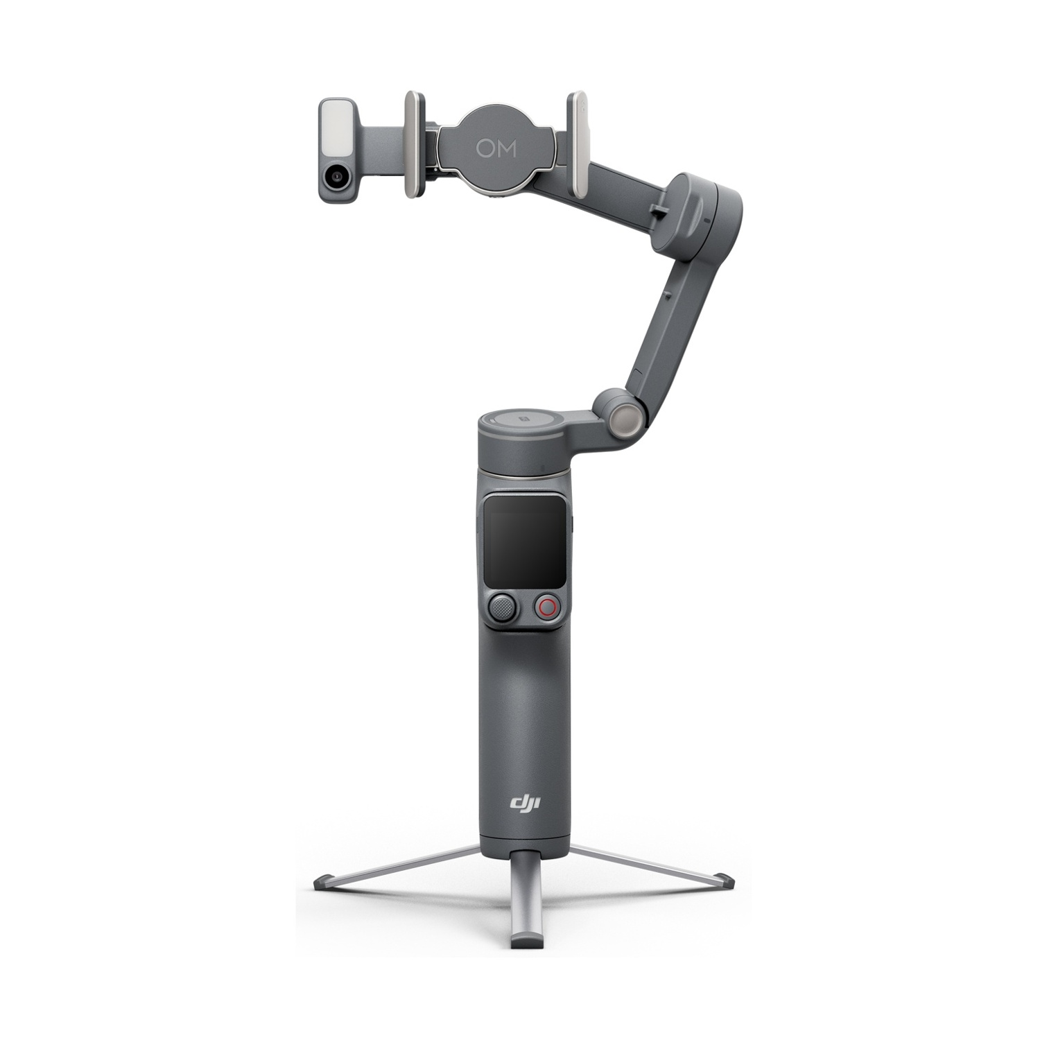 Gimbal grigio con treppiede pieghevole e supporto smartphone.
