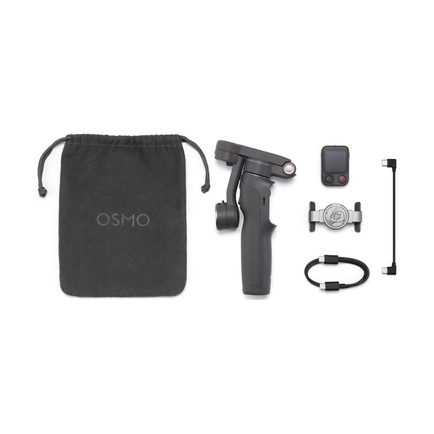 Borsa Osmo, gimbal, supporto per telefono e cavi su sfondo bianco.