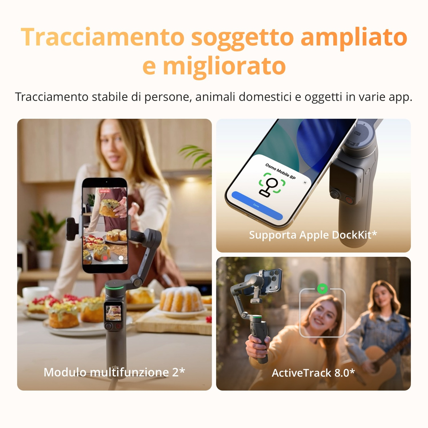 Un gimbal con tre viste: cucina, schermo del telefono e tracciamento soggetto esterno.