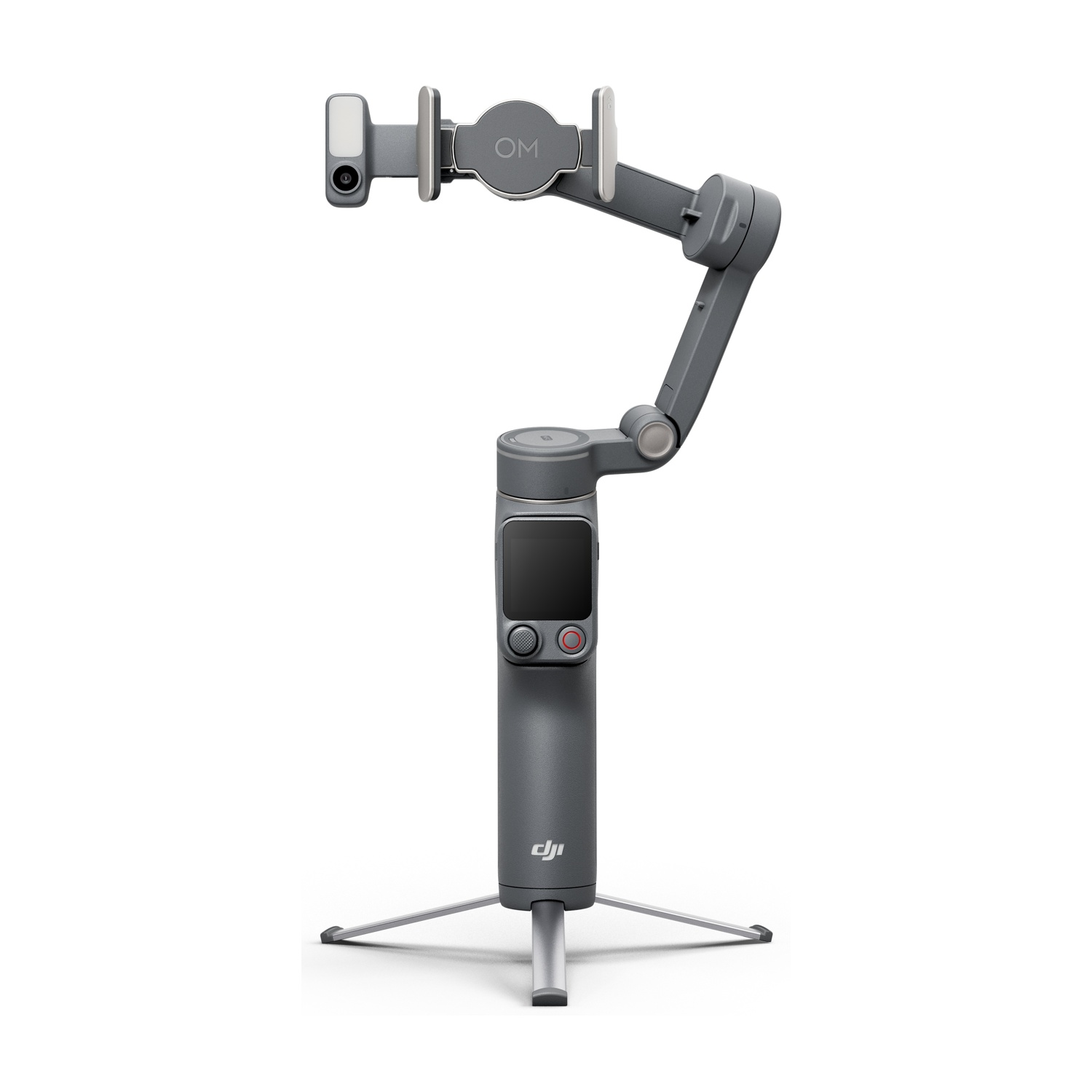 Un gimbal grigio con supporto per telefono e mini treppiede su sfondo bianco.