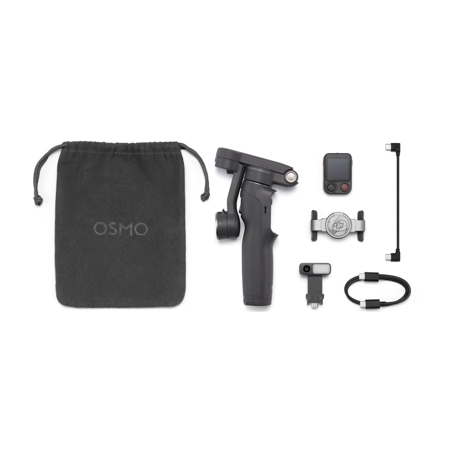 Un kit di accessori Osmo su sfondo bianco. Include borsa, gimbal, luce, supporto e cavi.