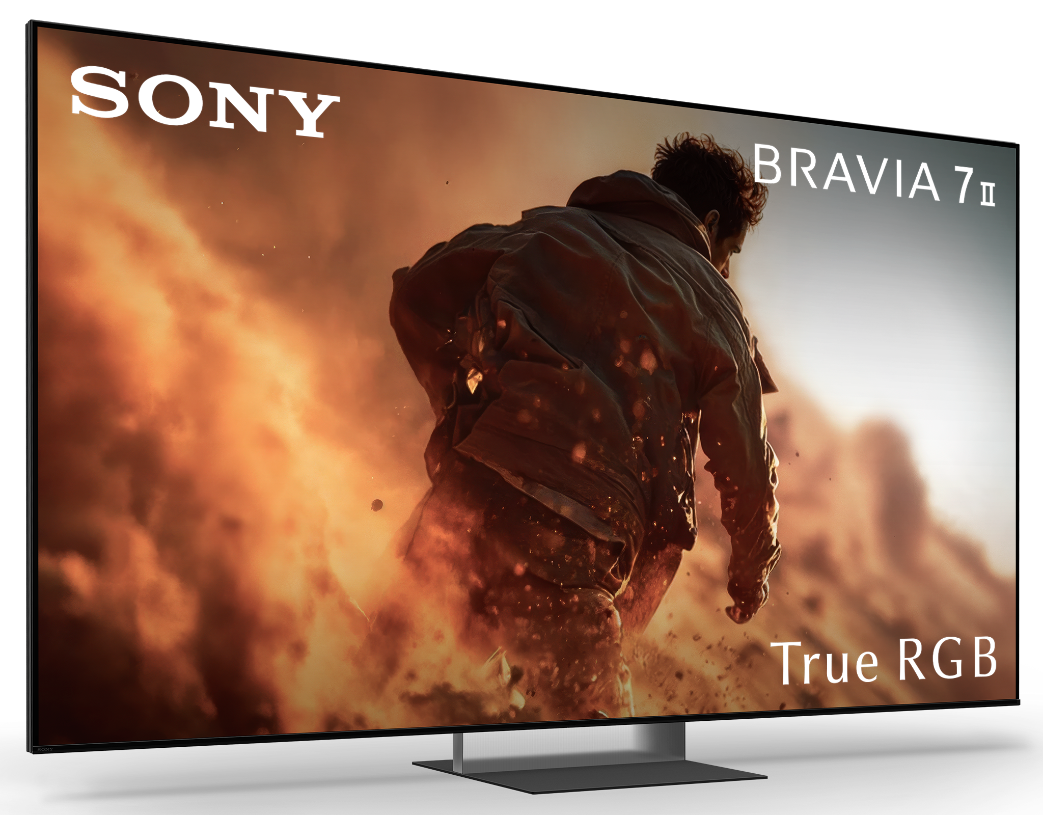Telewizor Sony Bravia 7 II z mężczyzną w płonącym krajobrazie. True RGB.