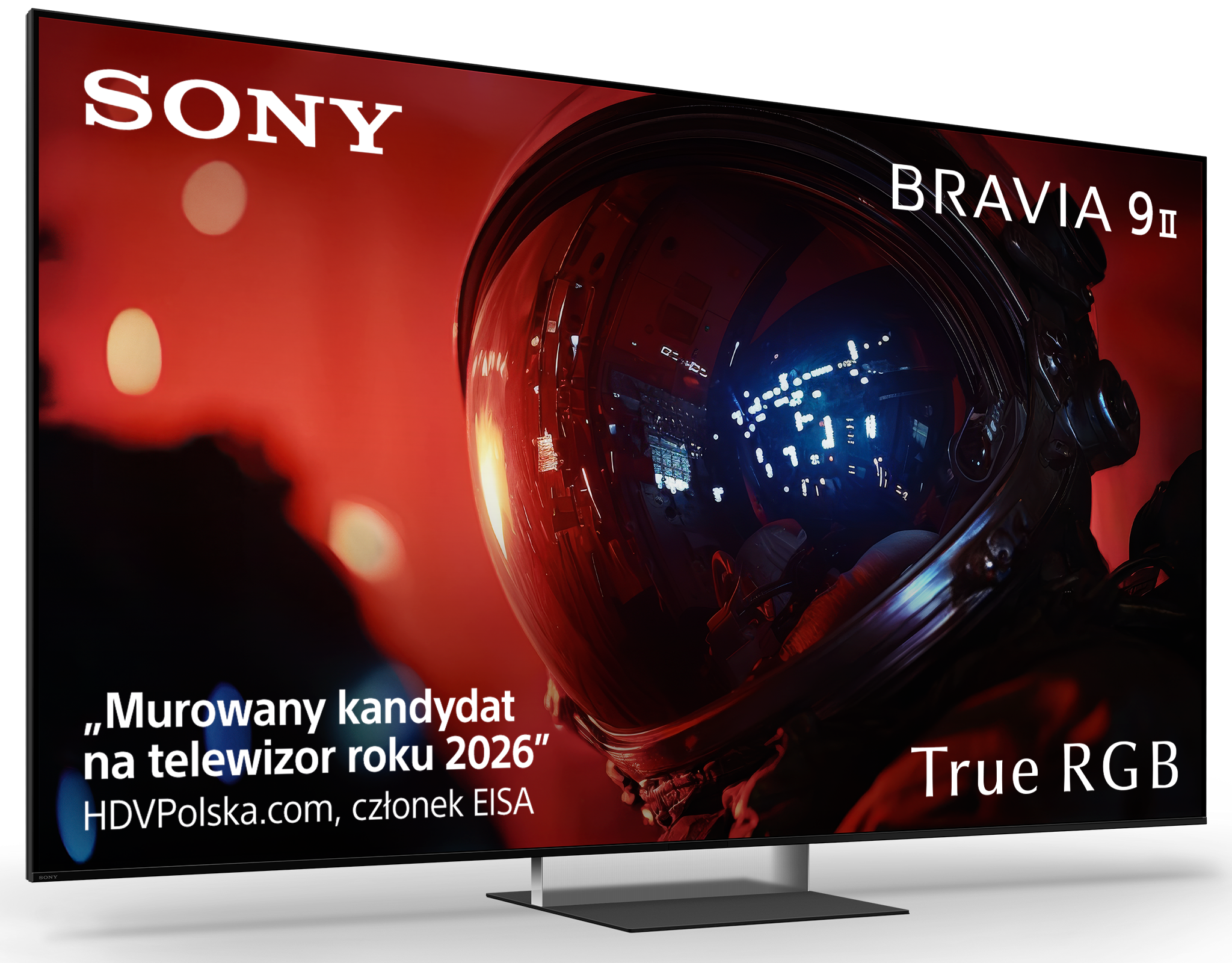 Telewizor Sony Bravia 9II pokazuje hełm astronauty z czerwonymi światłami.