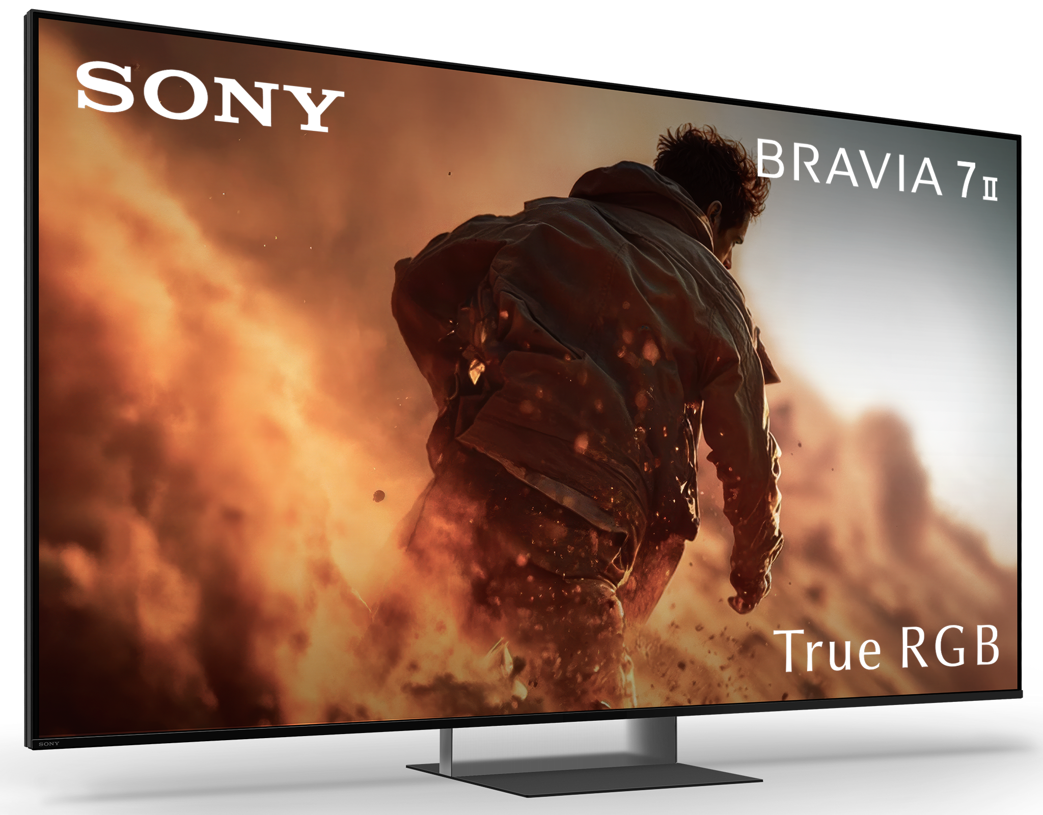 Mężczyzna w ubraniu na tle płomieni. Sony Bravia 7 II.