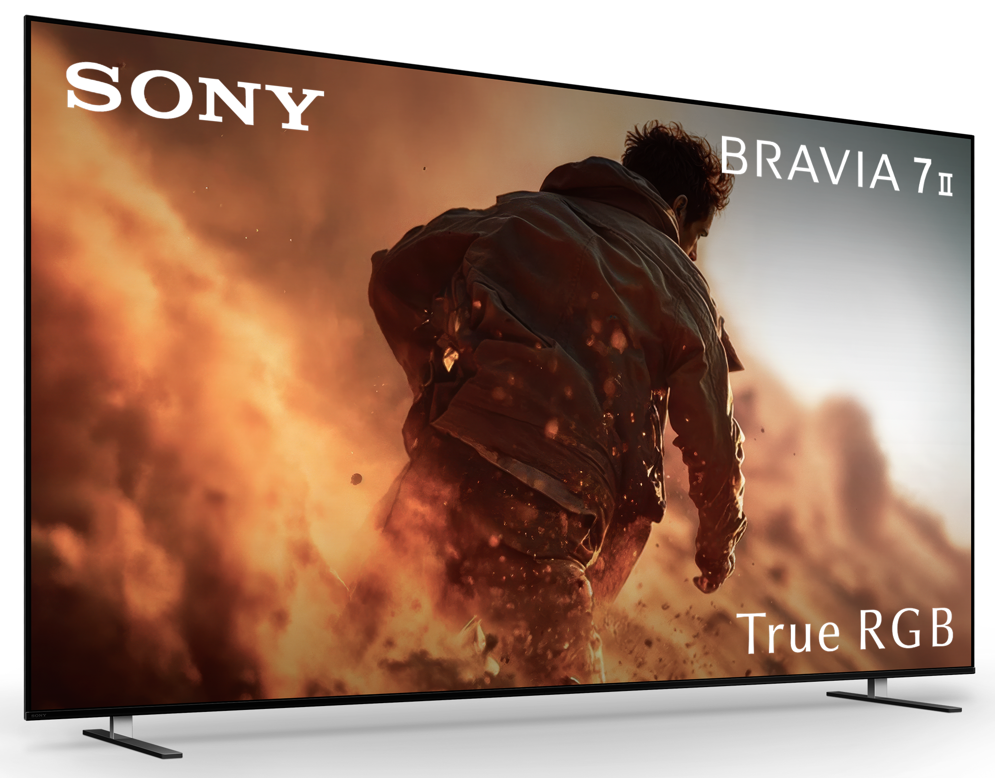 Mężczyzna w kurtce stoi przed ogniem i dymem. Sony Bravia 7 II.