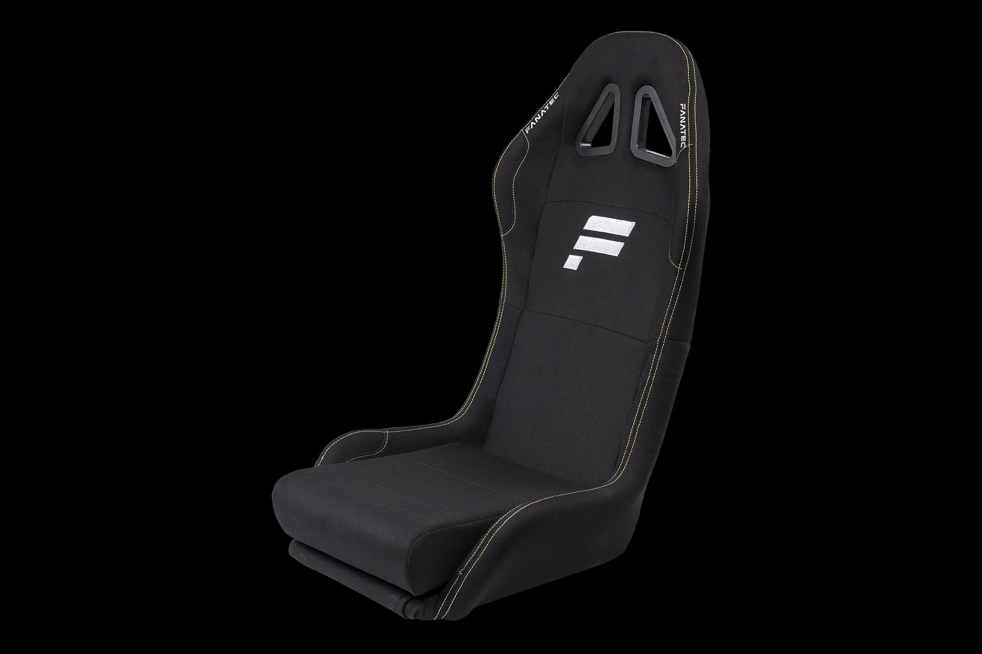 Ein schwarzer Rennschalensitz mit gelben Nähten und dem Fanatec-Logo.