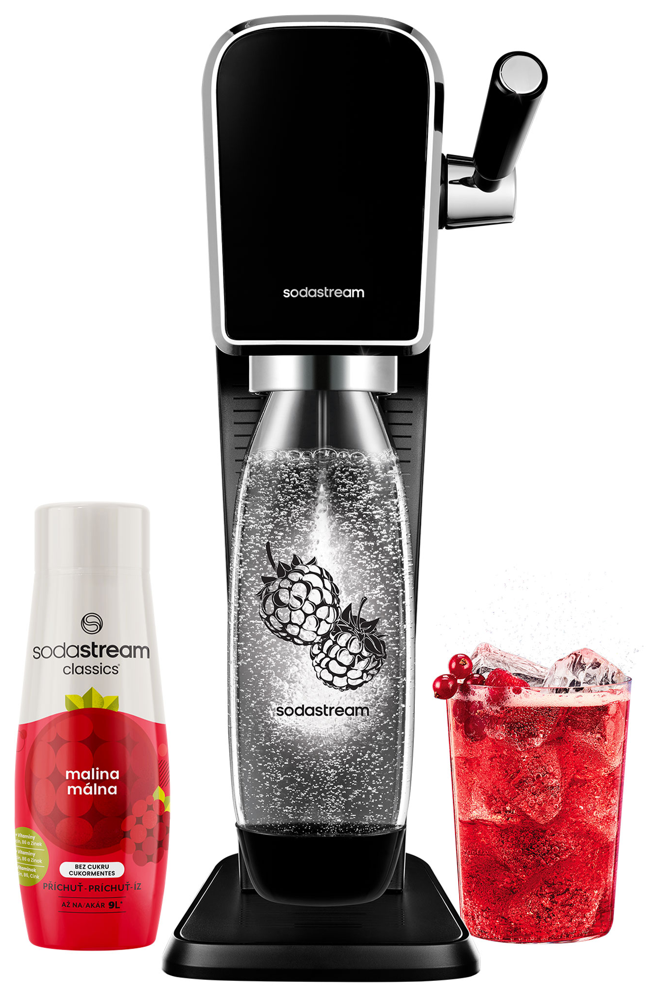 SodaStream gép málnaízű palackkal és kész málnás itallal.