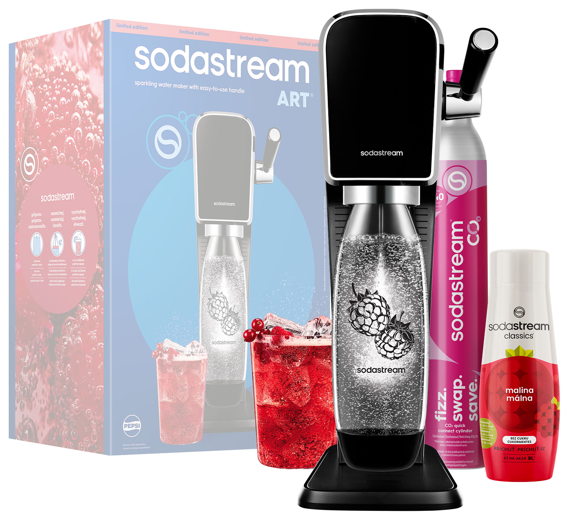 SodaStream ART CO2 patronnal, palack málnával, pohár itallal