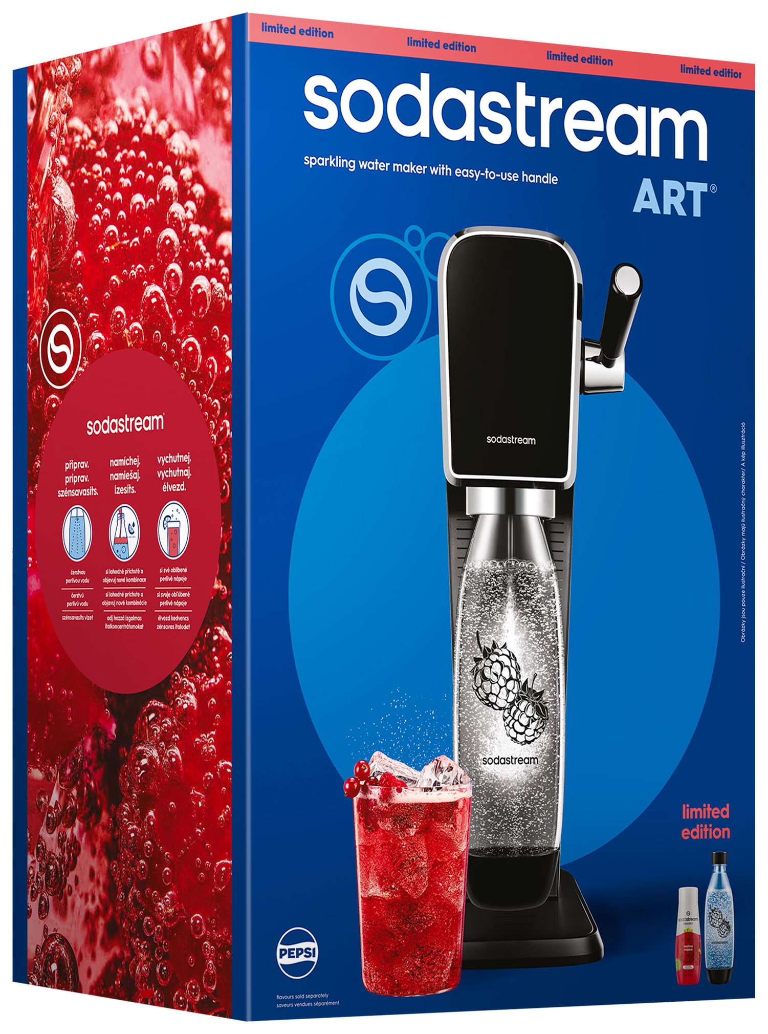 SodaStream Art szódagép fogantyúval, piros itallal és szénsavas vizes palackkal.
