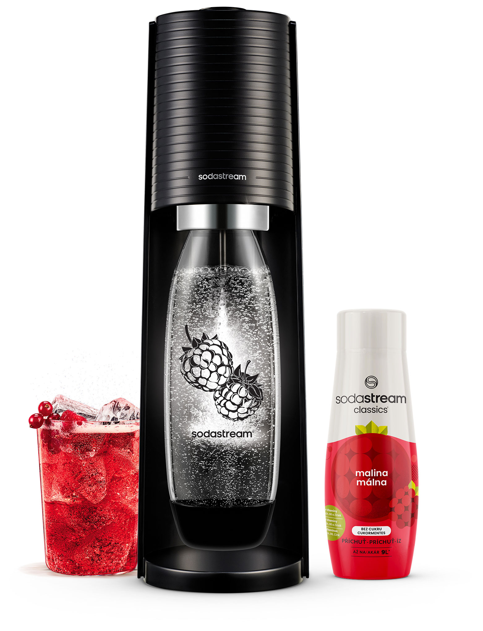 Egy Sodastream gép palackkal, vörös ital pohárral és málna ízű palackkal.