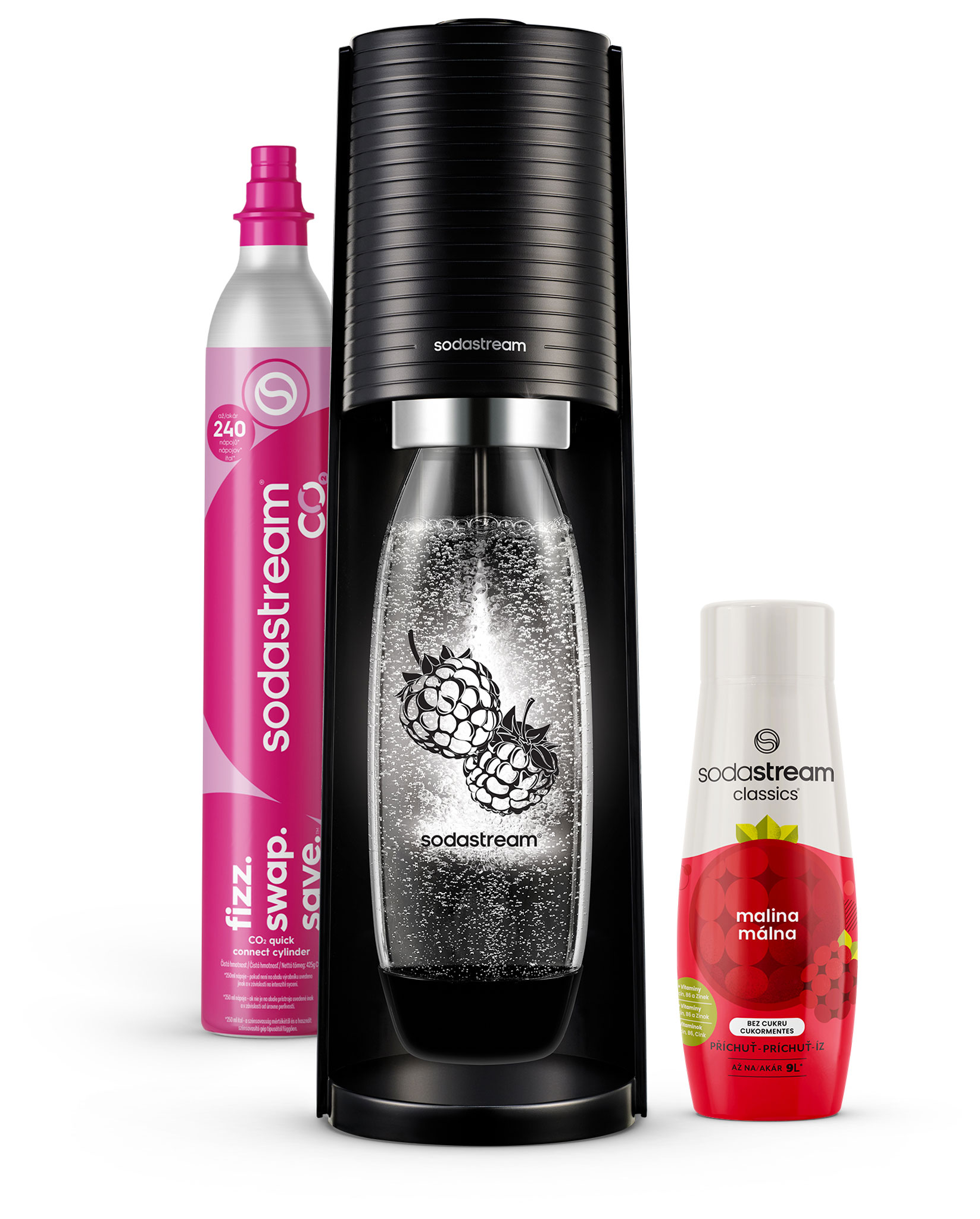 Egy SodaStream vízkészítő szódagép CO2 palackkal és málna ízesítéssel.