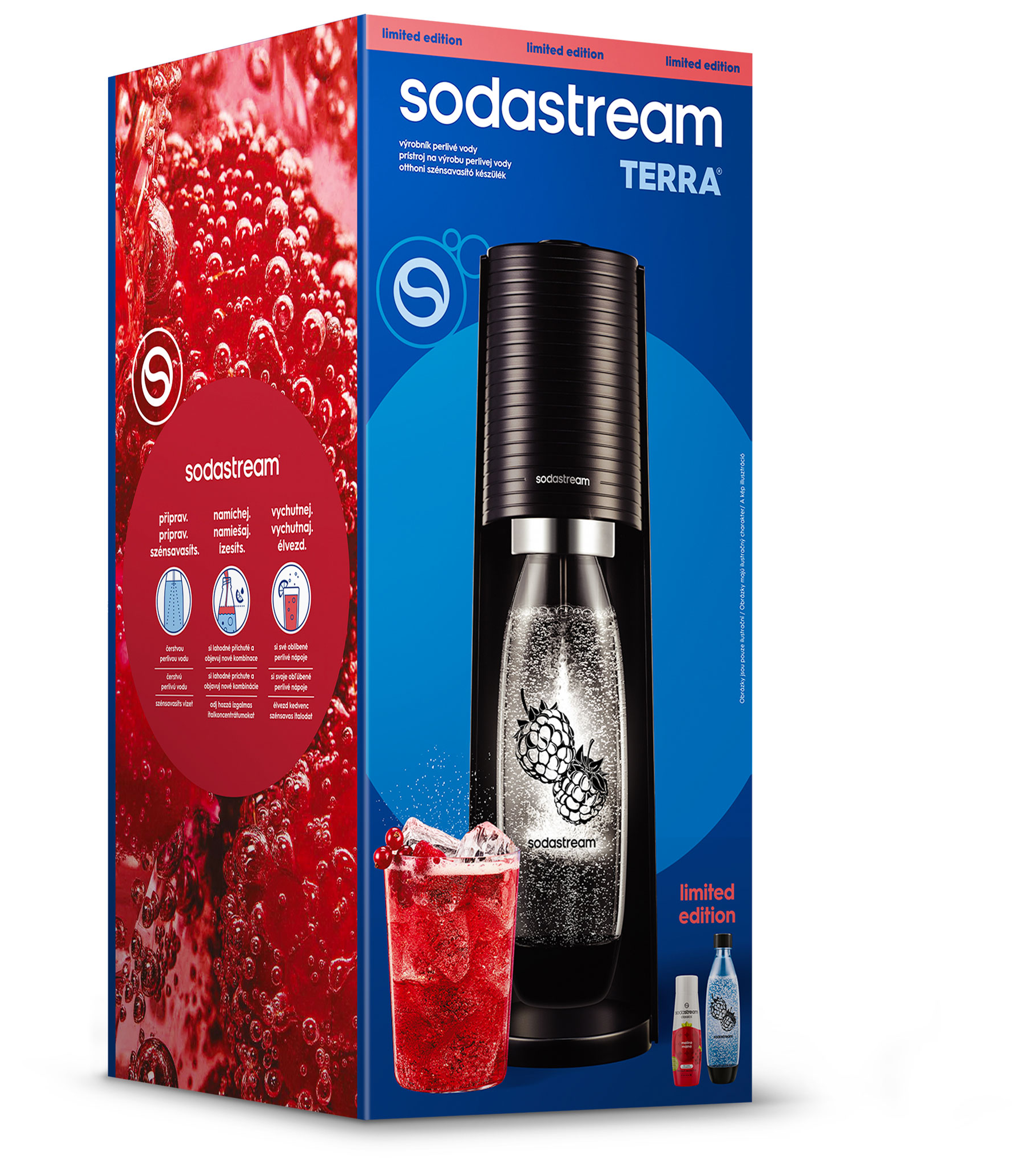 Sodastream Terra: Fekete szódagép bogyós gyümölcsökkel és itallal.