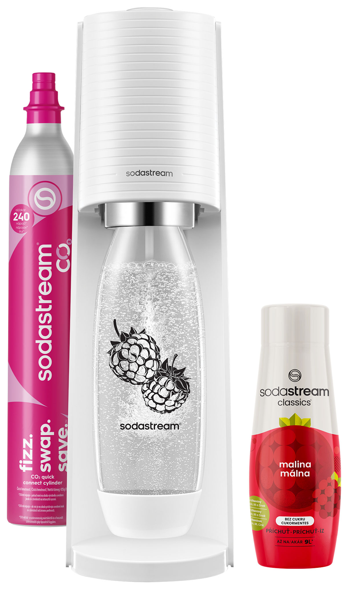 Egy SodaStream gép CO2 palackkal és málna ízű palackkal.