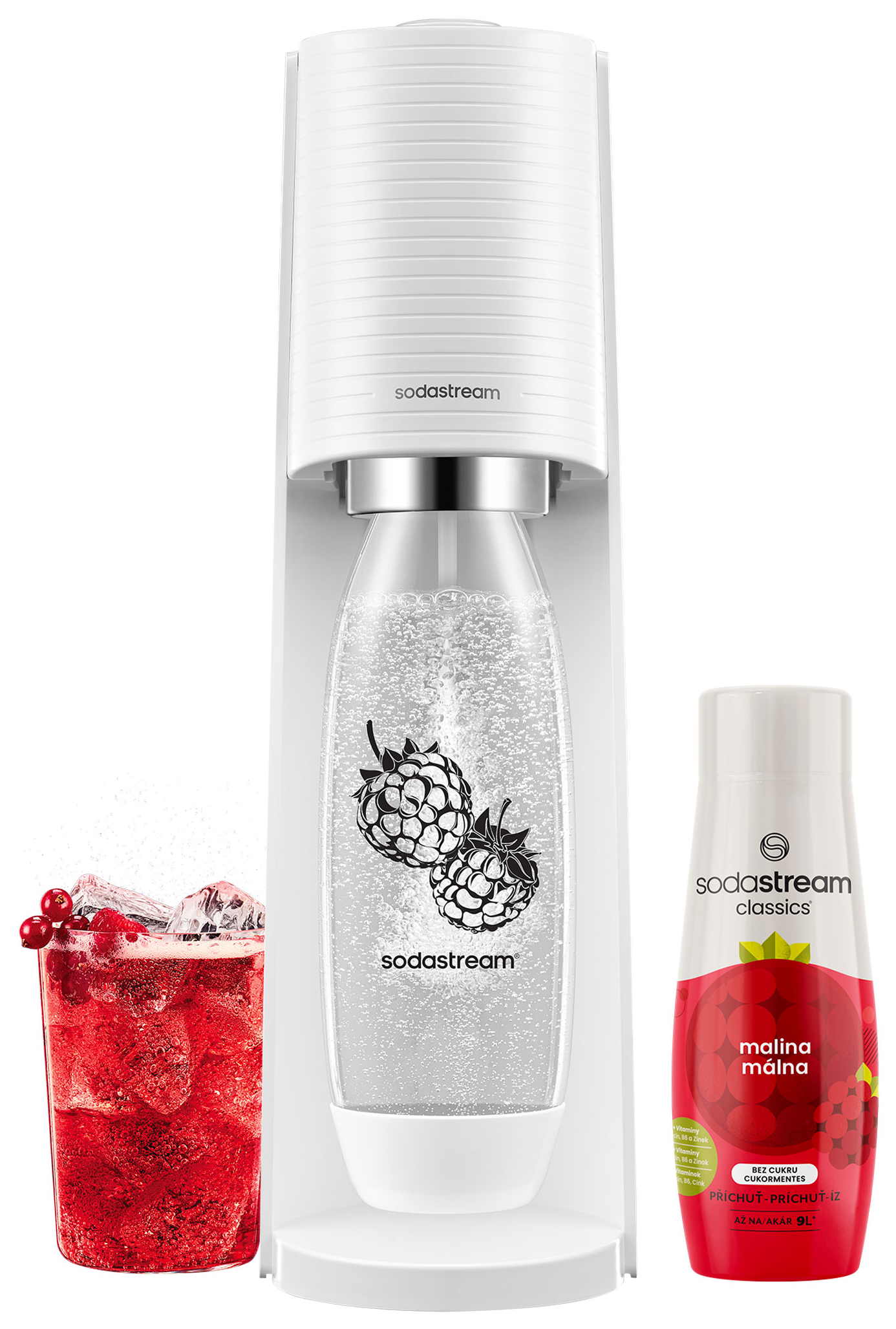 Fehér Sodastream szikvízkészítő palackkal, piros italos pohárral és sziruppal.